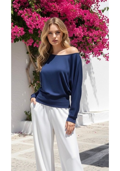 Kadın Kayık Yaka Bluz Sweat Lacivert