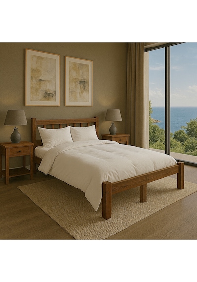 120cm X 190cm Masif Ahşap Yuvarlak Çıtalı Başlıklı Karyola Ceviz Rengi