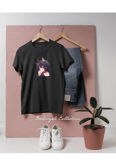 Oversize Catgirl Anime Cosplay Tasarımlı Unisex T-shirt Siyah