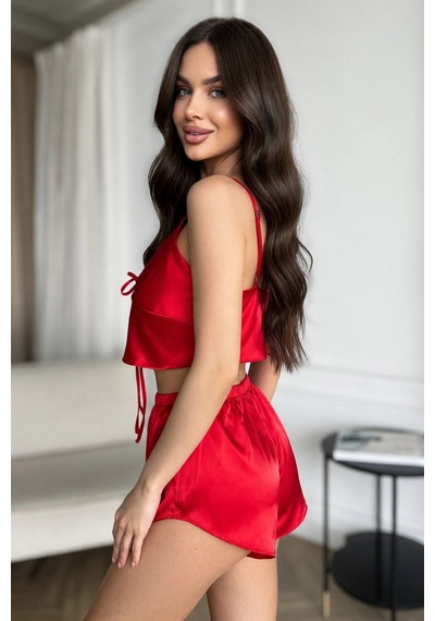 İkikareshop Özel Tasarım Kadın Kırmızı Saten Pijama Takımı İnce Askılı Şortlu Çok Renkli