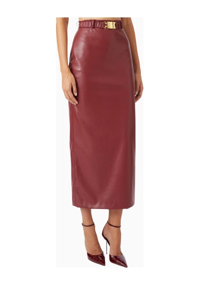 Rowen Rose Belted Maxi Skirt, Lüks Eco Leather Kuşaklı Ve Yırtmaçlı Deri Etek Koyu Kırmızı