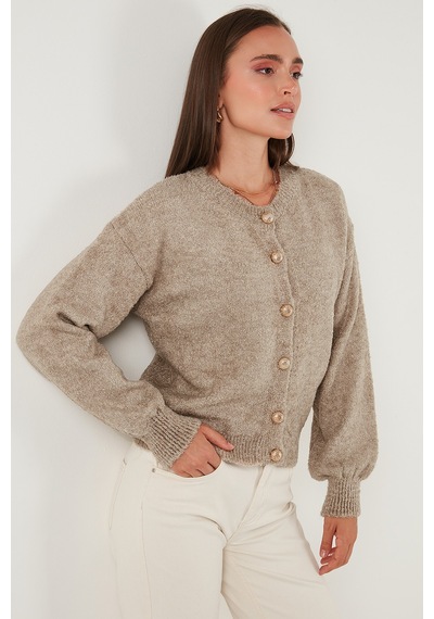 Lela Premium Regular Fit Bisiklet Yaka Yumuşak Dokulu Bayan Hırka 680Hi00147 Vizon