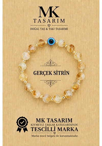 Mk Tasarım Gerçek Sitrin Taşı Bileklik Mk.7000.853- Rahatlık-dinginlik-enerji- Stres Bilekliği Çok Renkli