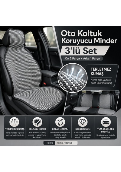 Oto Koltuk Koruyucu Minder 3 Lü Set Terletmez Kumaş Ön 2 Arka 1 Parça 5-Gri