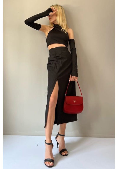 Madmext Siyah Basic Midi Boy Büzgülü Keten Etek Mg1540