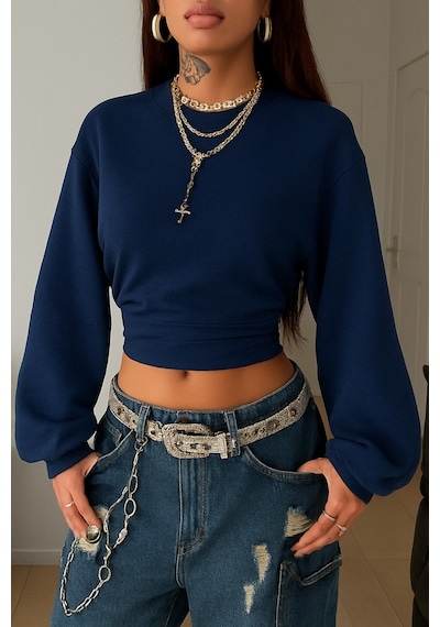 Kadın Bisiklet Yaka Belden Oturtmalı Tasarım Sweatshirt Lacivert