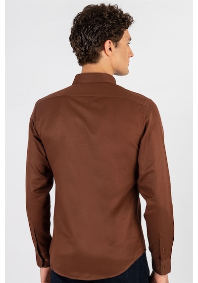 Tudors Slim Fit Dar Kesim Uzun Kol Erkek Gömlek-23458 Kahverengi