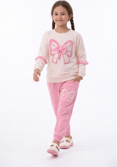 Beka Kids Kız Çocuk Kurdele Detaylı Siyah Sweatshirt Pantolon Alt Üst Takım Pembe