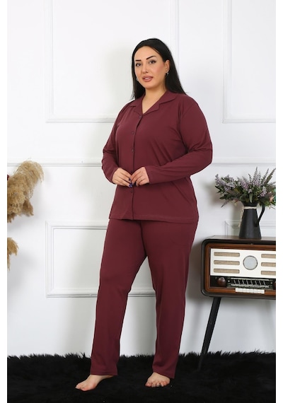 Akbeniz Kadın Büyük Beden Pamuklu Cepli Düğmeli Mürdüm Pijama Takım 202401-mürdüm Mürdüm