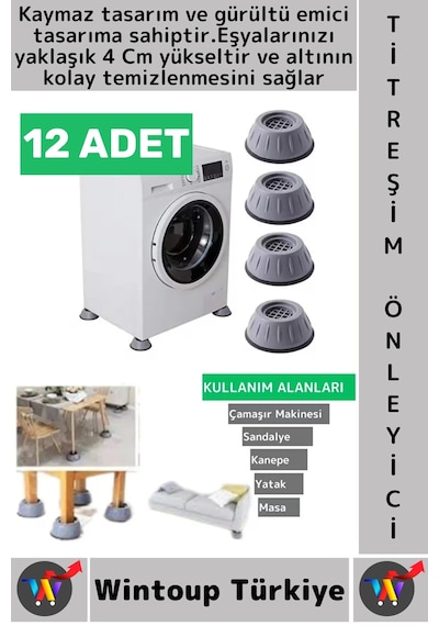 Titreşimönleyici Kaydırmaz Ses Titreşim Önleyici Çamaşır Makinesi Mobilya Sabitleyici Ayak 12 Adet Gri