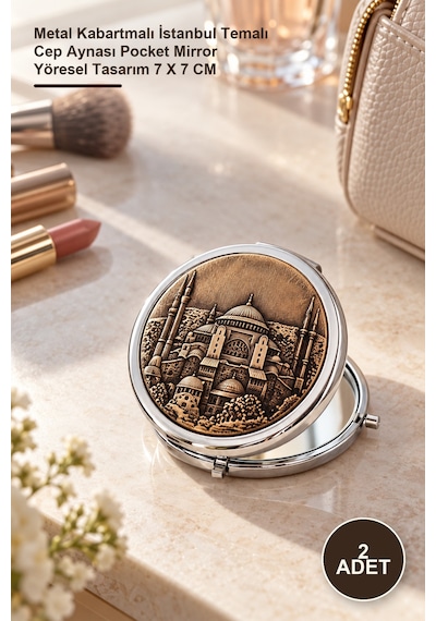2 Adet El Aynası Metal Kabartmalı İstanbul Temalı Cep Aynası Pocket Mirror Yöresel Tasarım 7 X 7 Cm Altın