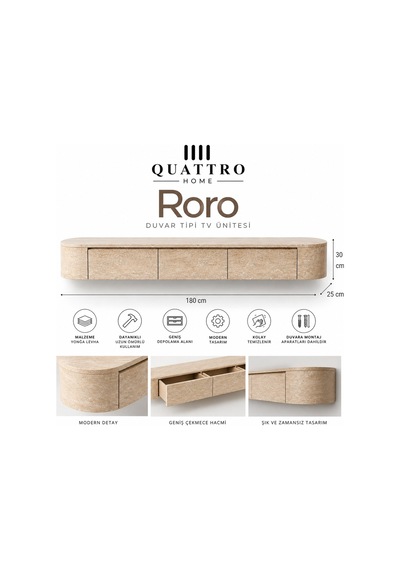 Roro Duvara Monte Tv Ünitesi 180 Cm Geniş Çekmeceli Modern Traverten Desenli Tv Sehpası Beyaz Roro Duvara Monte Tv Ünitesi 180 Cm Geniş Çekmeceli Modern Traverten Desenli Tv Sehpası Beyaz