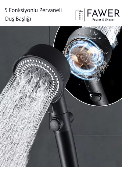 Siyah Turbo 5 Fonksiyonlu Pervaneli Duş Başlığı El Duşu 4 Adet Siyah