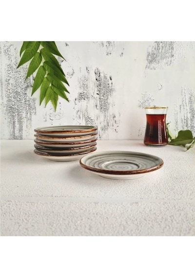 Madam İzmir Winter 6'lı Siyah Çay Tabağı - Modern Spiral Desenli Şık Sunum Tabağı Gri