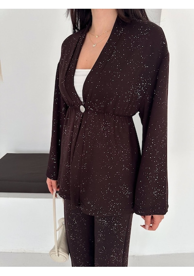 Kadın Simli Uzun Kol Modal Kumaş Kimono Pantolon İkili Takım Şık Ve Rahat Kadın Takım Kahverengi Kadın Simli Uzun Kol Modal Kumaş Kimono Pantolon İkili Takım Şık Ve Rahat Kadın Takım Kahverengi