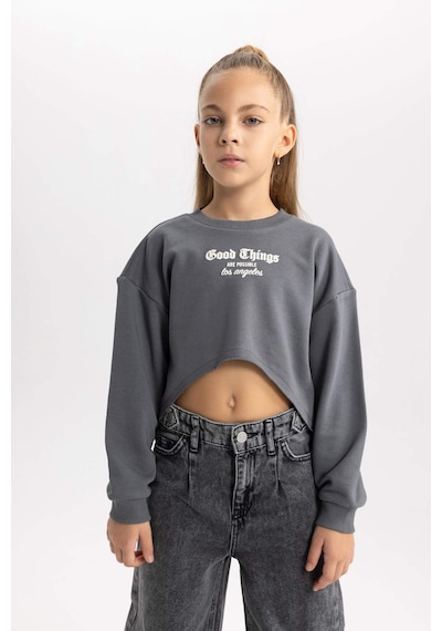 Defacto Kız Çocuk Baskılı Crop Bisiklet Yaka  Sweatshirt Askılı Atlet 2'li Takım B2517A823WNGR449 Gri