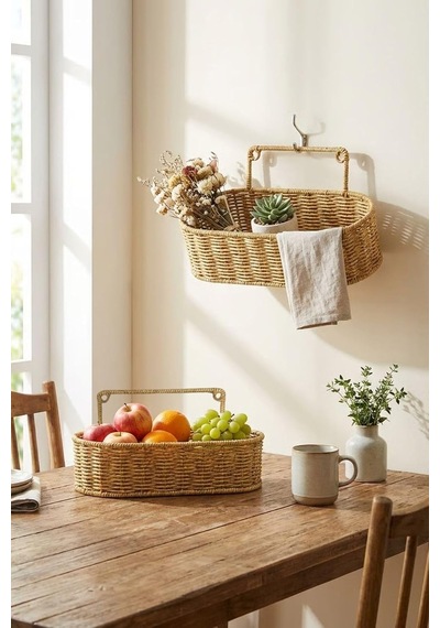 Tr 2'li Duvar Askılı Oval Plastik Rattan Organizer Sepeti, Hasır Görünümlü Banyo Ve Mutfak Raf Düzenleme Ünites Genel