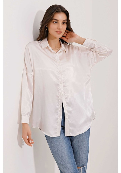 Bigdart 3985 Oversize Saten Gömlek - Bej 001