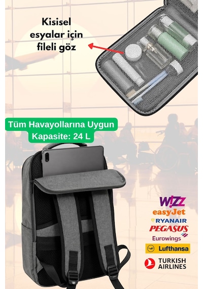 Jet Turtle Seyahat Sırt Çantası 40cm 40x25x15 Cm Pegasus, Wizz Air, Ryanair, El Valizi Koltuk Altı Valizi Gri