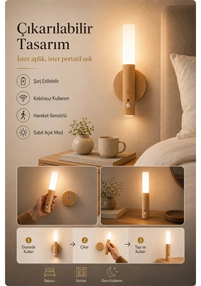 Sensörlü Şarjlı Meşale Aplik Kablosuz Led Duvar Lambası Çıkarılabilir Dekoratif Gece Işığı Wb-3022 Bej