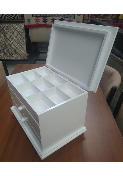 Hobi Adn Dekoratif Makyaj Kutusu 2 Çekmece Ahşap Mdf Beyaz Lake Boya El Yapım