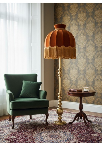 Gold Saçaklı Kiremit Renk Kadife Başlık Gold Ahşap Ayaklı Klasik Lambader 170x50cm