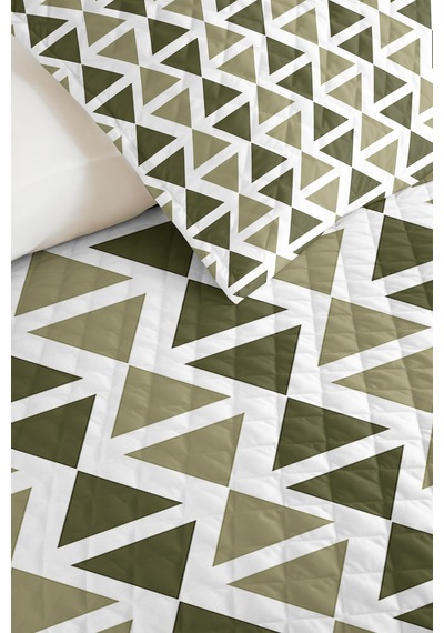 Geometrik Yeşil Minimal Tek Kişilik Pike Takımı - Haki Beyaz Bohem 160x220 Cm Yazlık Yatak Örtüsü Ahenkli Kıyı Nüansı
