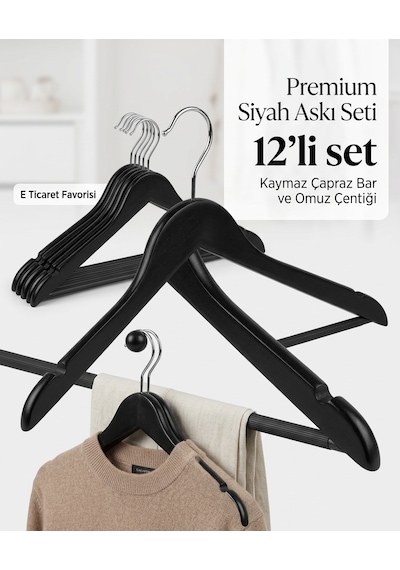 12 Adet Plastik Elbise Askısı Dayanıklı Kalın Askı Seti, Kırılmaz Askılık, Dolap İçi Düzenleyici Askı Siyah