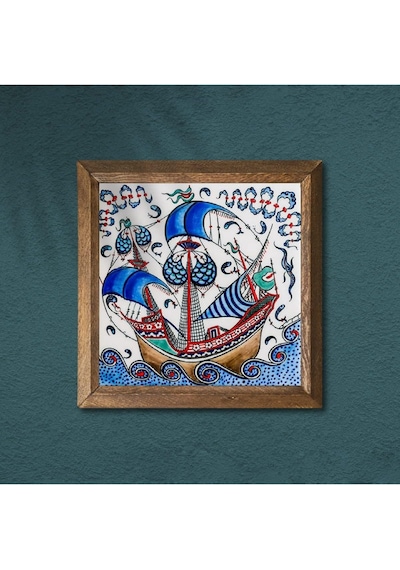Pinecone Çini Sanatı Yelkenli Gemi Taş Duvar Tablosu - Ahşap Çerçeveli Taş Tablo - 25x25 Cm - Dekoratif Duvar Sanatı - Modern Ev Ve Ofis Duvar Dekoru W1-183