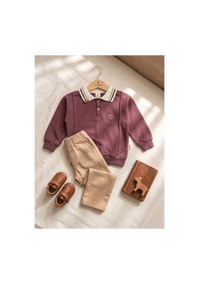 Deniva Kids Erkek Çocuk Çizgili Polo Yaka Düğmeli Sweatshirt Ve Beli Lastikli Bej Pantolon Alt Üst Takım Açık Kahve Deniva Kids Erkek Çocuk Çizgili Polo Yaka Düğmeli Sweatshirt Ve Beli Lastikli Bej Pantolon Alt Üst Takım Açık Kahve