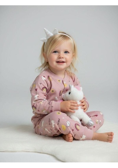 Zekids Kız Bebek Pamuklu Önü Çıtçıtlı Desenli Pijama Takımı-16270 Çok Renkli