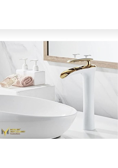İsaoğlu Yapı Çanak Lavabo Bataryası Gold Beyaz Şelale Lavabo Musluğu Naturel Akışlı Batarya Beyaz