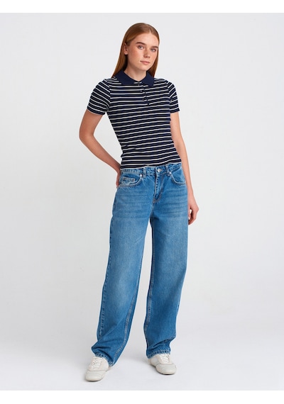 Dilvin 31464 Çizgili Polo Yaka T-shirt Lacivert