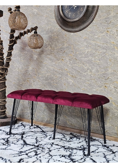 Zafir Metal Siyah Tel Ayaklı 100 Cm Puf Bench - Puf - Bench - Oturak - Mutfak Oturağı - Antre Oturağı Bordo