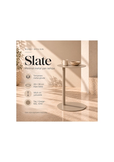 Slate Metal C Sehpa Modern Tasarım Elips Tablalı Minimalist Koltuk Yanı Sehpa Bej - 935314037 Bej