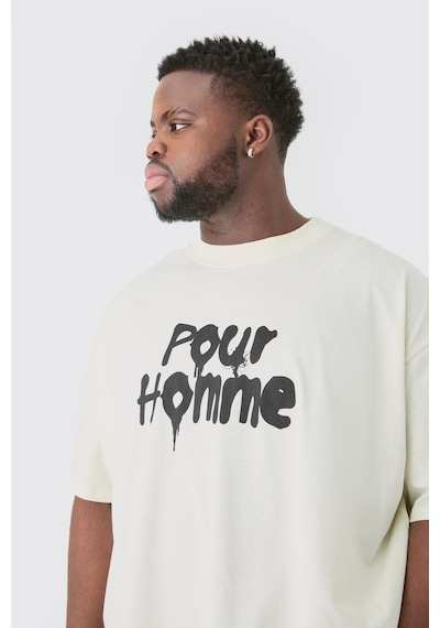 T-shirt - Pour Homme Baskılı Oversize Bisiklet Yaka Kısa Kol Siyah Tişört Beyaz