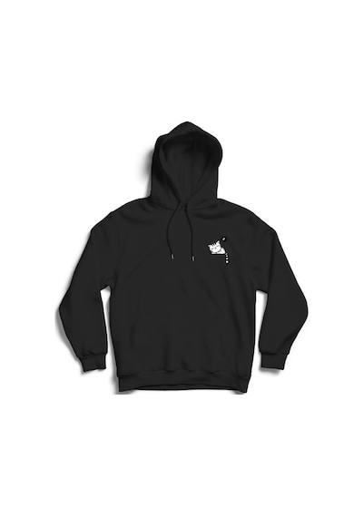 Unisex Siyah Cepte Uyuyan Kedi Baskılı Kapüşonlu Sweatshirt Siyah
