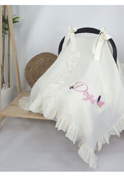 Gros Shop Müslin Yeni Doğan 4katlı Organik %100pamuk Kişiye Özgü Nakışlı Hastane Çıkış Seti Kelebek Model-1 Ekru
