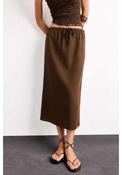 Defacto Relax Fit Beli Lastikli Dokuma Midi Etek G0437ax25smbn214 Kahve