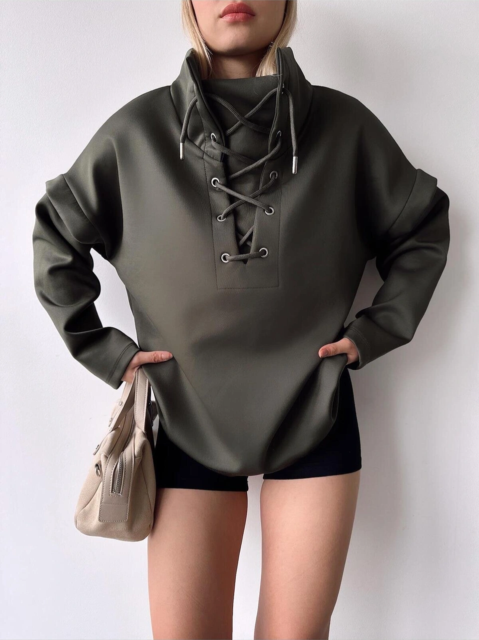Kadın Tasarım Bağcıklı Yaka Super Şık Trend Scuba Sweatshirt Haki