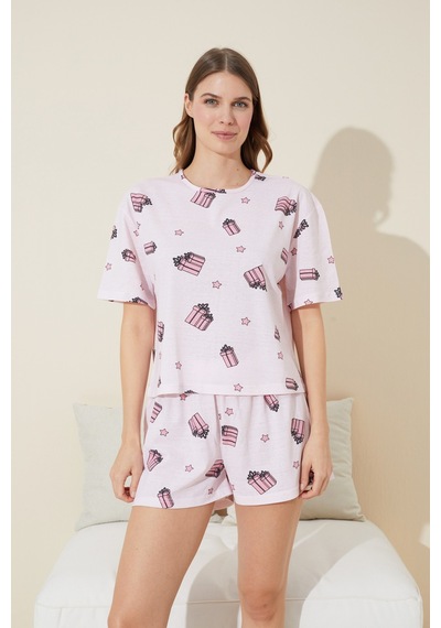 Siyah İnci Örme Pamuklu Şort-pijama Takım Pembe Kutu Desen