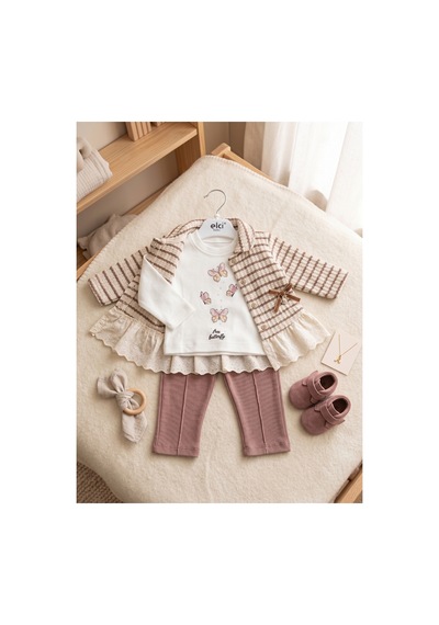Deniva Kids Kız Bebek Fisto Detaylı Ceketli Kelebek Baskılı Fitilli Taytlı 3'lü Takım KREM