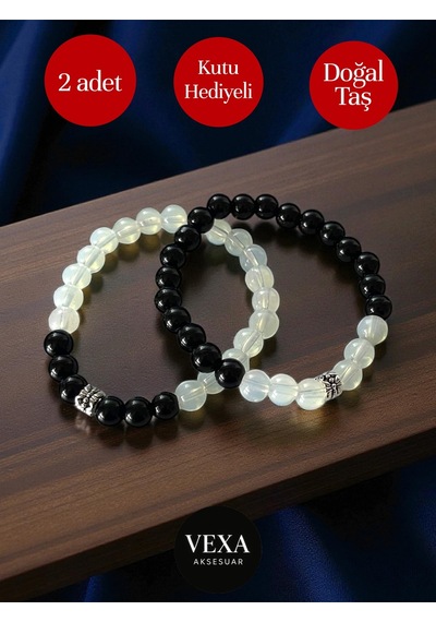 Yin Yang Temalı Oniks Ve Opal Çift Bileklik Seti Sevgili & Arkadaşlık Kombini Kutu Hediyeli Çok Renkli