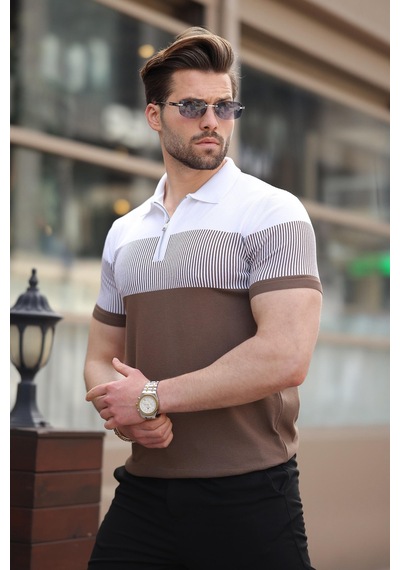 Madmext Vizon Renk Bloklu Polo Yaka Triko Erkek T-shirt E7409 Vizon