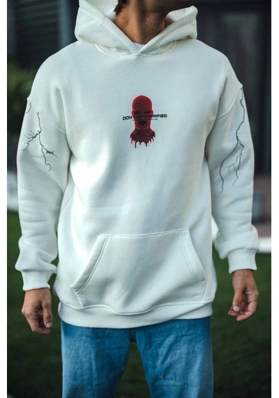 Vexor Üç İplik Kapşonlu Baskılı Oversize Sweatshirt- Beyaz