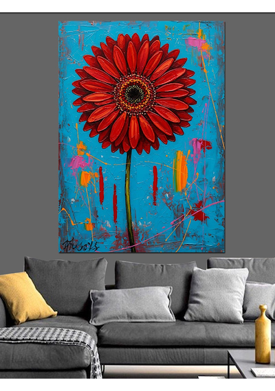 Ahşap Tablo Kırmızı Çiçek Soyut Sanat