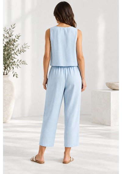 Mevese Beli Lastikli Modal Pantolon & Kalın Askılı Bluz Takımı - Bebe Mavi Bebe Mavisi