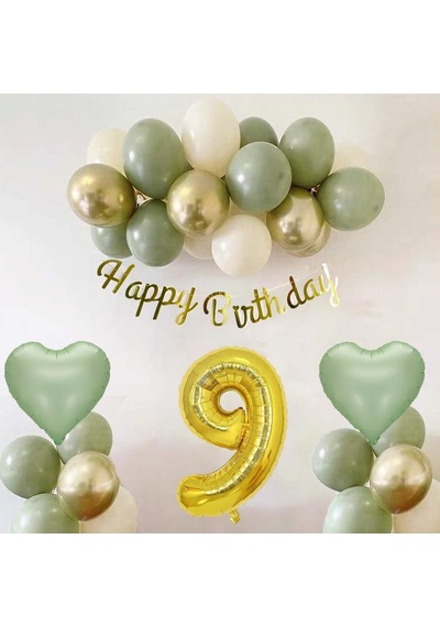 9 Yaş Doğum Günü Seti Küf Yeşili-krom Gold- Deniz Kumu Ve Adaçayı Kalp Folyo Balon Set