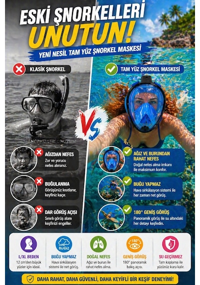 Mavi Siyah Full Face Şnorkel Maske L Xl Tam Yüz Dalış Maskesi Sarı Geniş Görüş Anti Fog Deniz Maske