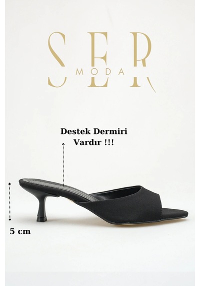 Sermoda Topuklu Kadın Terlik - 5 Cm İnce Topuklu Sivri Burun Kadın Terlik Saten Siyah